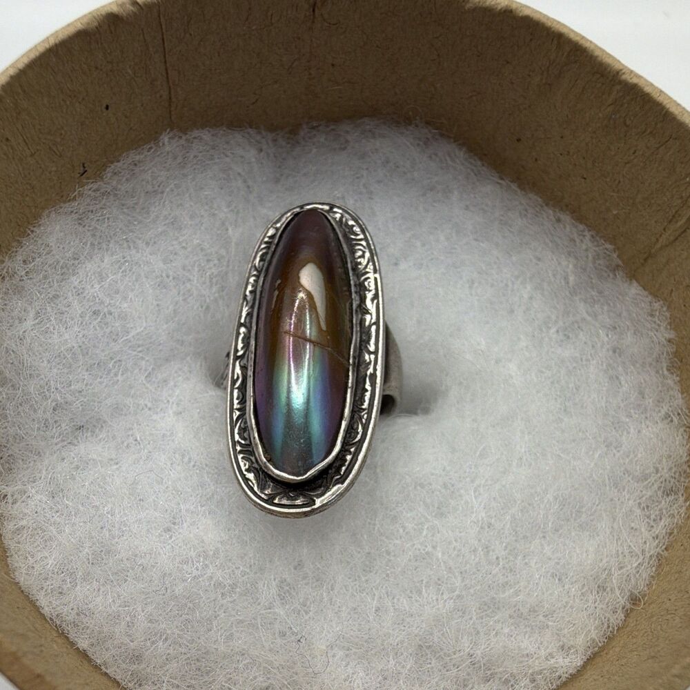 Antique Signed 925 Sterling Silver Oval Blister Pearl/Abalone Bezel Ring 4